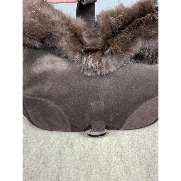 Stuart Weitzman Dark Brown Suede Fur Trim Shoulder Bag Front Clip - Picture 9 of 14